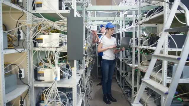 Técnicos atendiendo a estanterías con diversos servidores y ordenadores