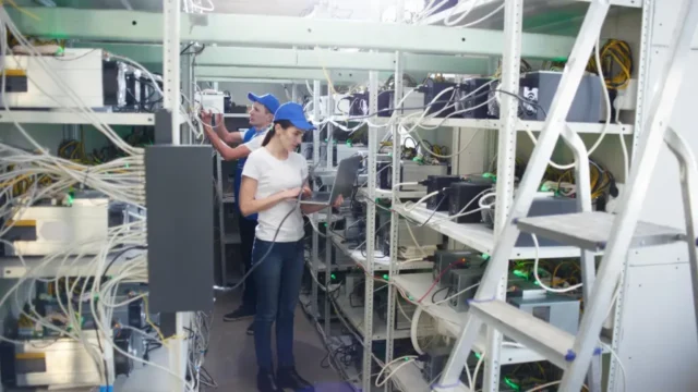 Técnicos atendiendo a estanterías con diversos servidores y ordenadores
