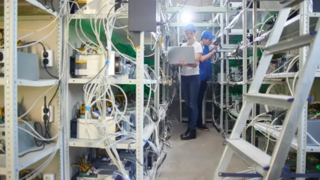 Técnicos atendiendo a estanterías con diversos servidores y ordenadores