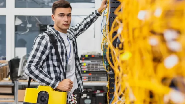 Técnico observando muchos cables conectados